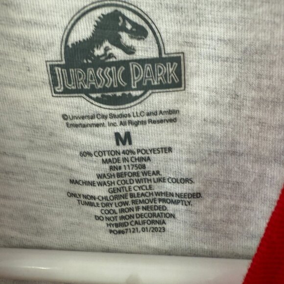 Kids Jurassic Park Gray heather & Red Ringer Short Sleeve Crew Neck T-Shirt Top - Picture 2 of 3
